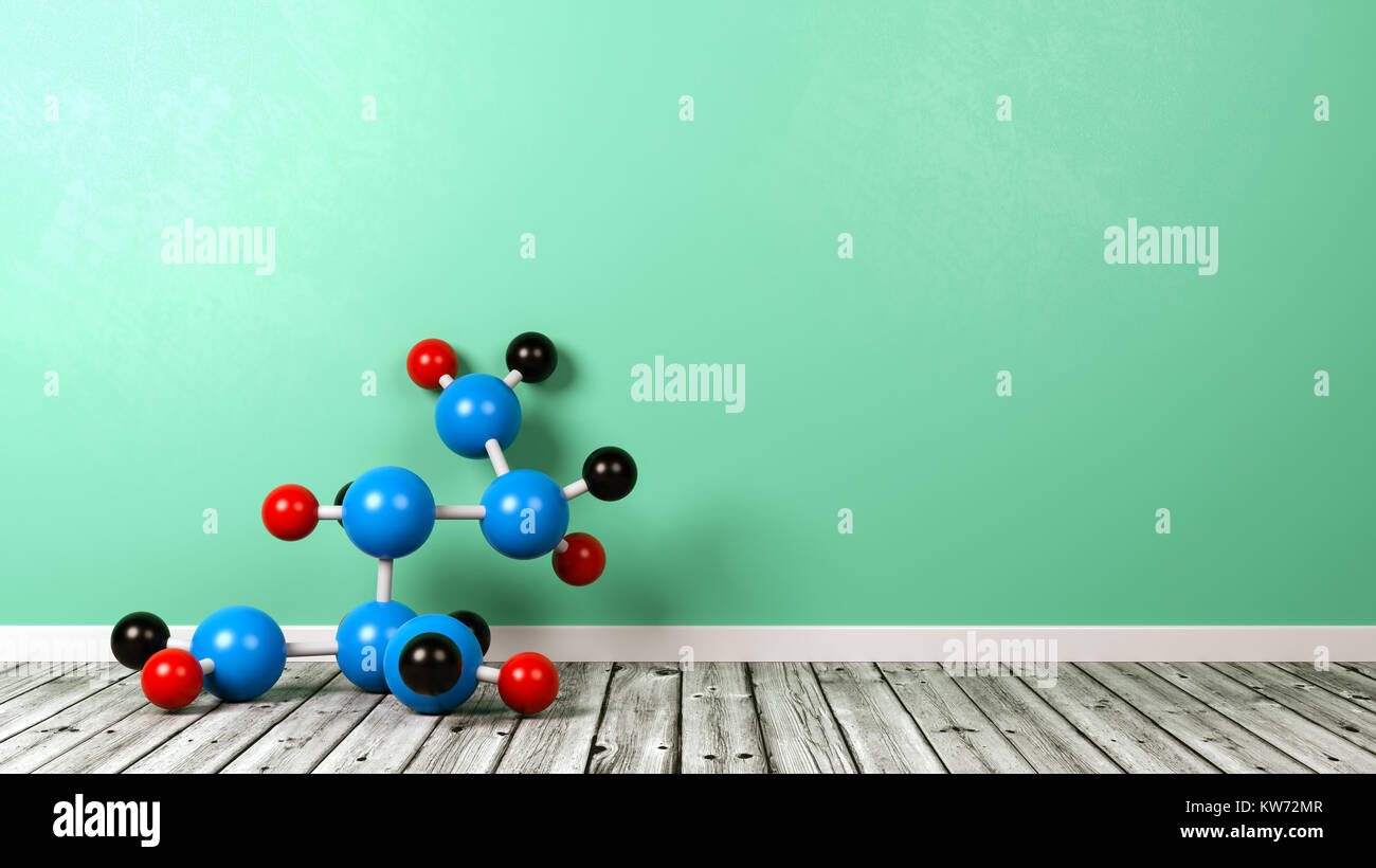 La structure de forme molécule sur plancher en bois contre le mur vert avec Copyspace 3D Illustration Banque D'Images