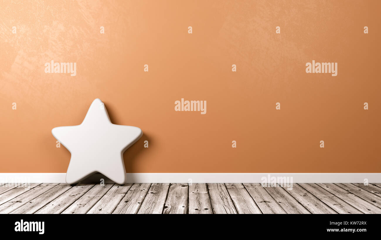 Ajouter aux favoris blanc Star forme sur plancher en bois contre le mur orange avec Copyspace 3D Illustration Banque D'Images