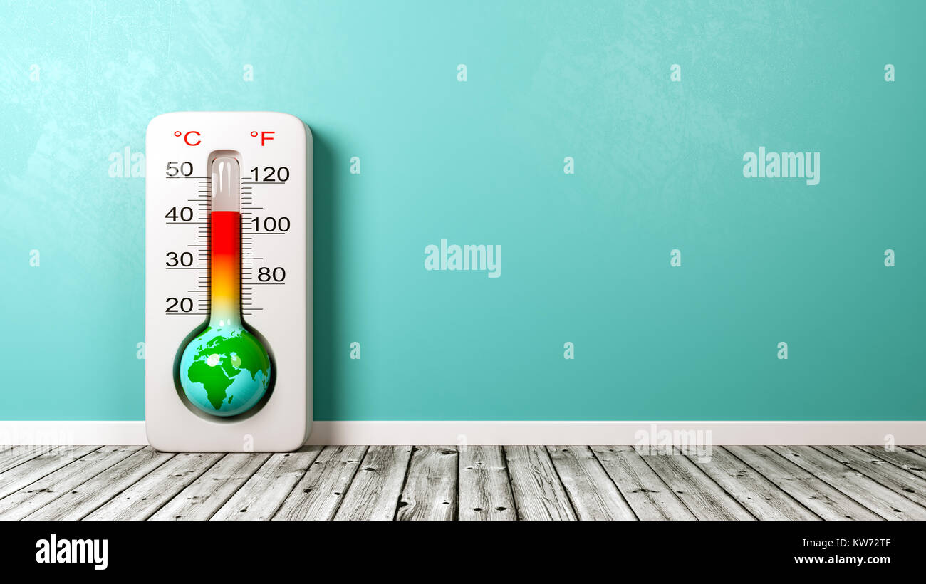 La terre dans la forme d'un thermomètre sur plancher en bois contre le mur bleu avec Copyspace 3D Illustration, le réchauffement de la notion Banque D'Images