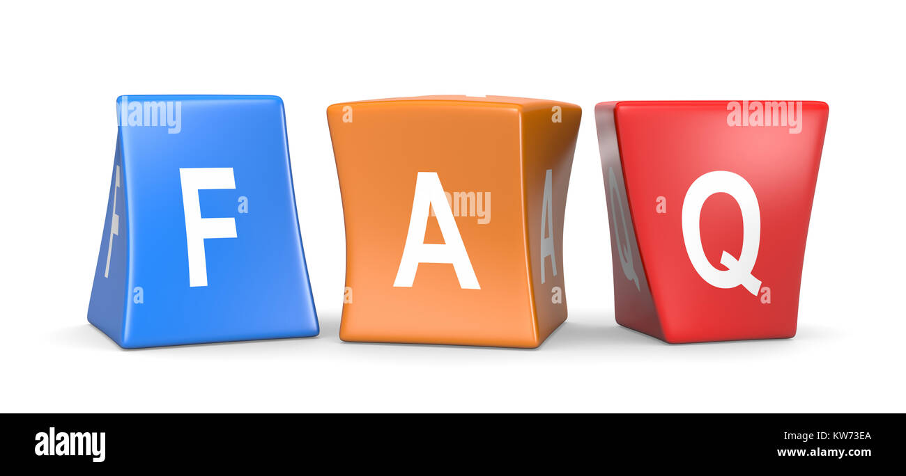 FAQ Texte blanc sur les cubes colorés drôles déformées 3D Illustration sur fond blanc Banque D'Images