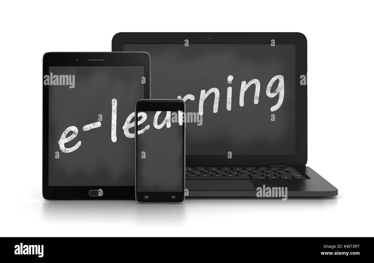 Ordinateur portable, Tablet PC et Smartphone avec un E-Learning Blackboard texte au lieu de l'écran le rendu 3D sur blanc Banque D'Images