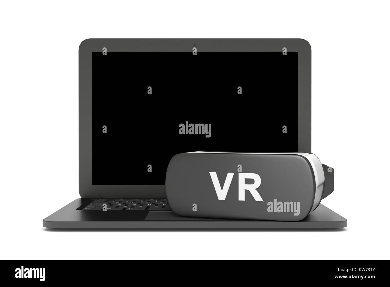 Ordinateur portable avec écran blanc et un casque de réalité virtuelle VR sur le clavier 3D Illustration on White Banque D'Images