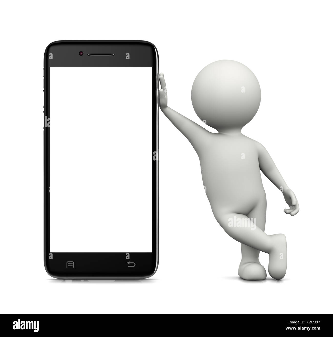 Personnage 3d blanc se pencha sur un smartphone d'affichage vierge blanc permanent 3D Illustration sur fond blanc Banque D'Images