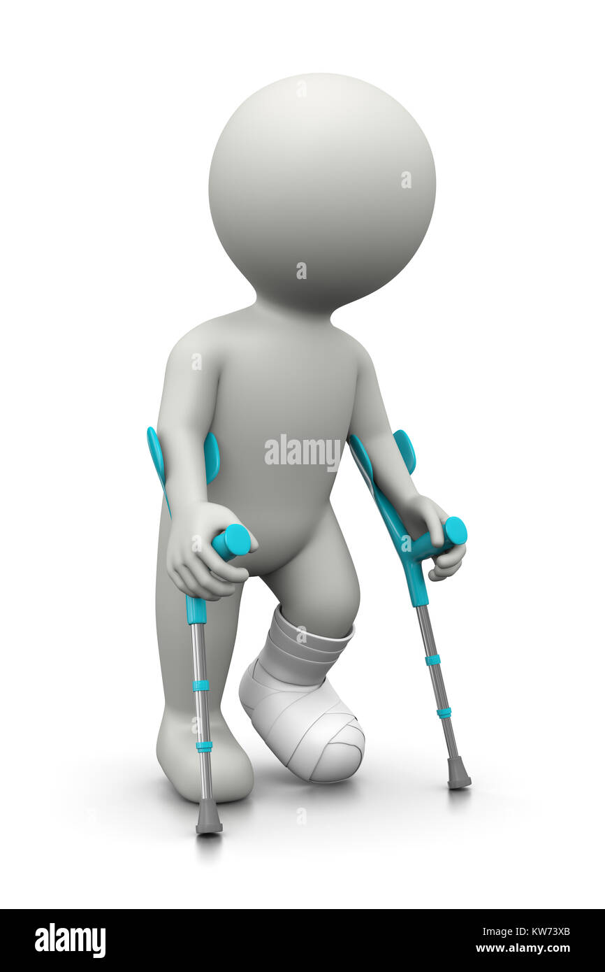 Personnage 3d blanc blessé avec une jambe dans le plâtre et des béquilles sur fond blanc Illustration Banque D'Images