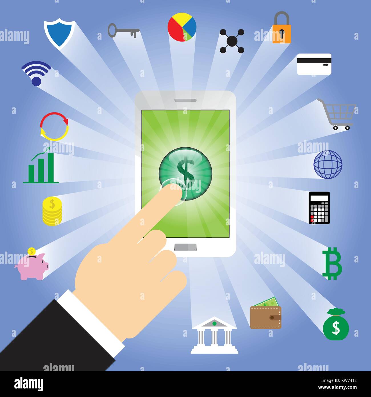 Frappe des doigts signe Dollar en blanc Smartphone avec 18 icônes de Fintech arrière du téléphone en impliquant la technologie financière, bancaire, l'épargne. Illustration de Vecteur