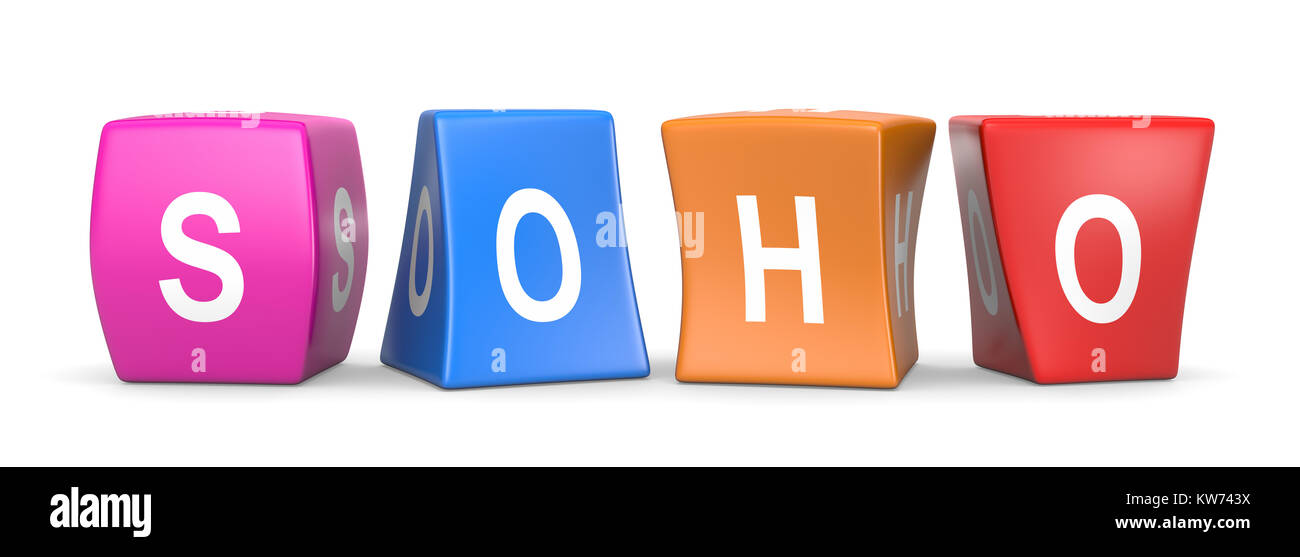 Texte blanc sur SOHO déformés colorés Funny Cubes 3D Illustration sur fond blanc Banque D'Images