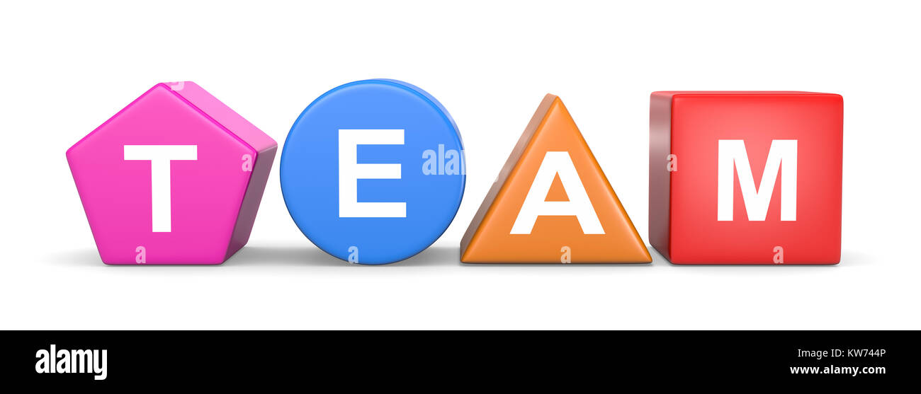 Texte blanc sur l'équipe 3D de formes géométriques colorées Illustration sur fond blanc Banque D'Images