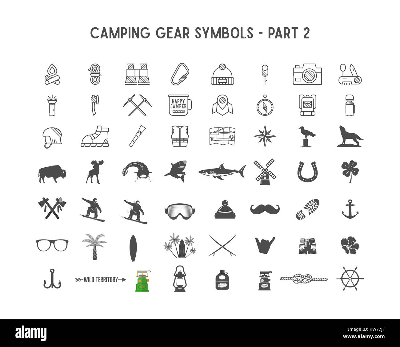 Ensemble d'icônes et de silhouette avec différentes formes de l'équipement de plein air, le camping des symboles pour créer des logos, de l'aventure d'un insigne conçoit, utiliser en infographie, Banque D'Images