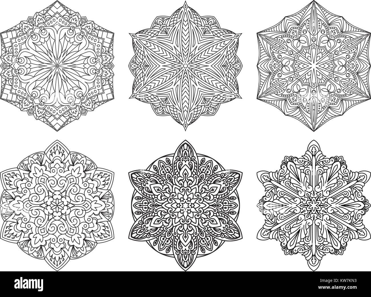 Ensemble de 6 dessins de dentelle noire vecteur abstrait en ligne mono style - septangular mandalas, ethnique des éléments décoratifs. Illustration de Vecteur