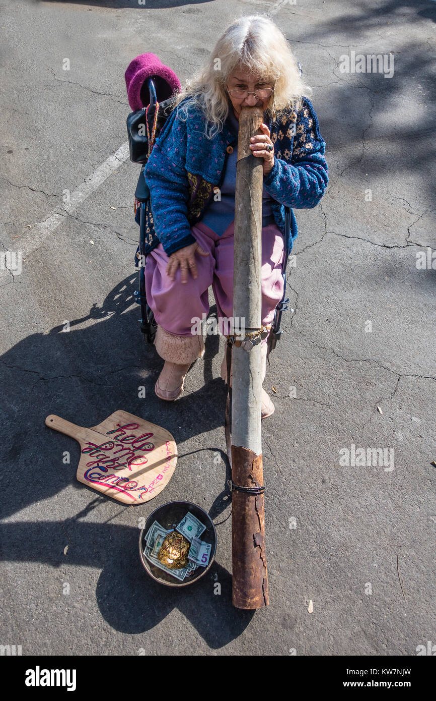 Femme jouant du didjeridoo au Santa Barbara, Californie marché agricole. Le didgeridoo (également connu sous le nom de didjeridu) est un instrument à vent. Banque D'Images