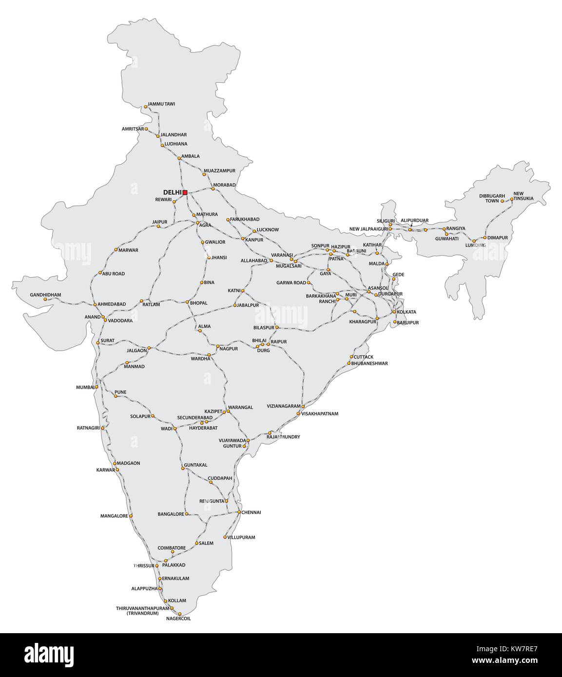 Carte ferroviaire détaillée des principales routes de l'Inde Illustration de Vecteur