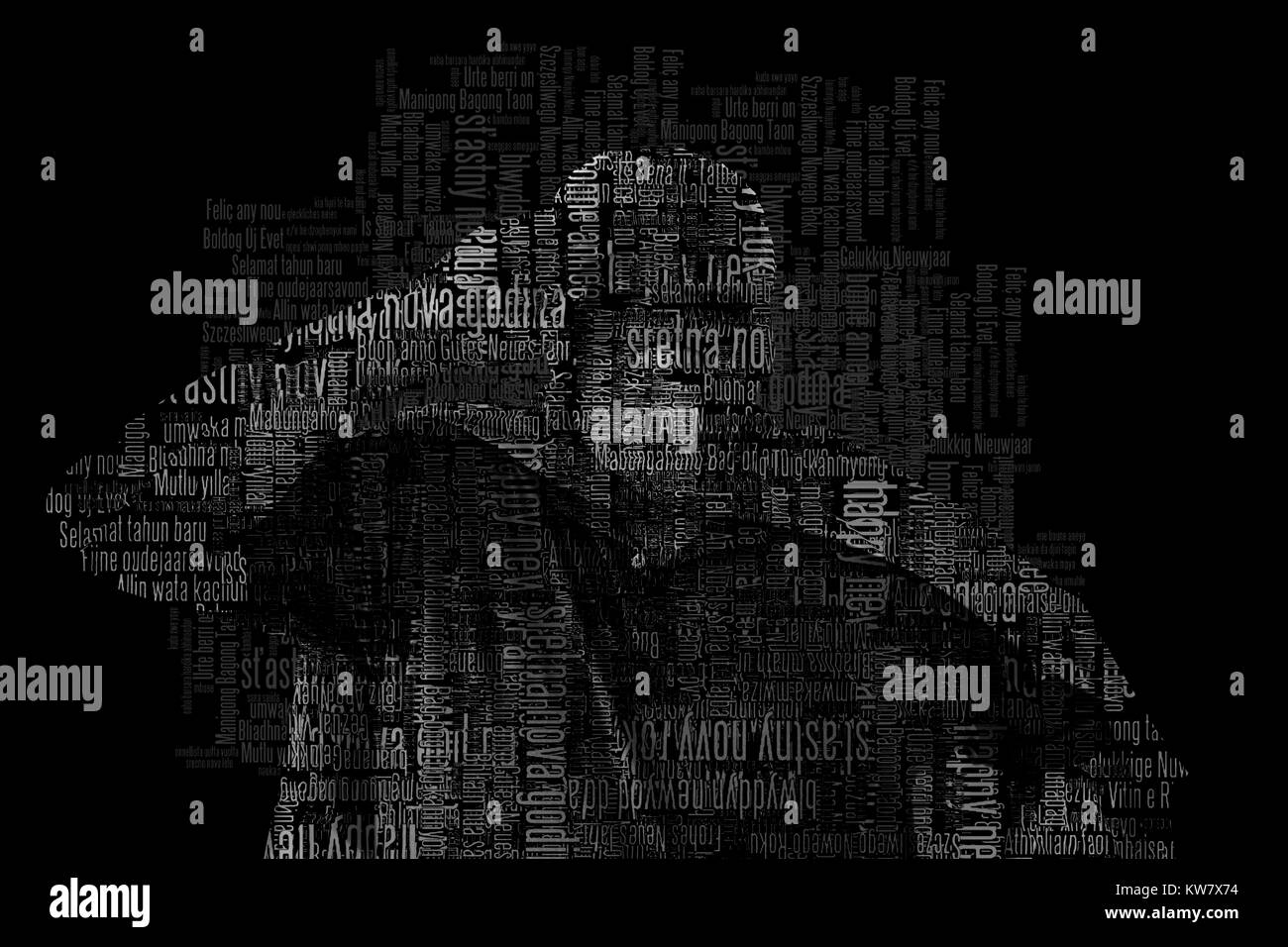 Salut soldat par old man wearing superhero costume avec cape et masque couvert par la phrase Bonne année traduit en plusieurs langues Banque D'Images