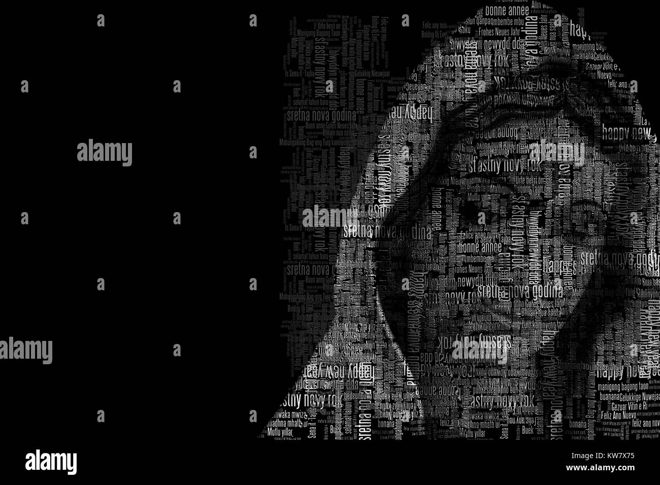 Traductions de bonne année dans plusieurs langues couvrant statue de Notre Dame de Medjugorje, la Bienheureuse Vierge Marie Banque D'Images