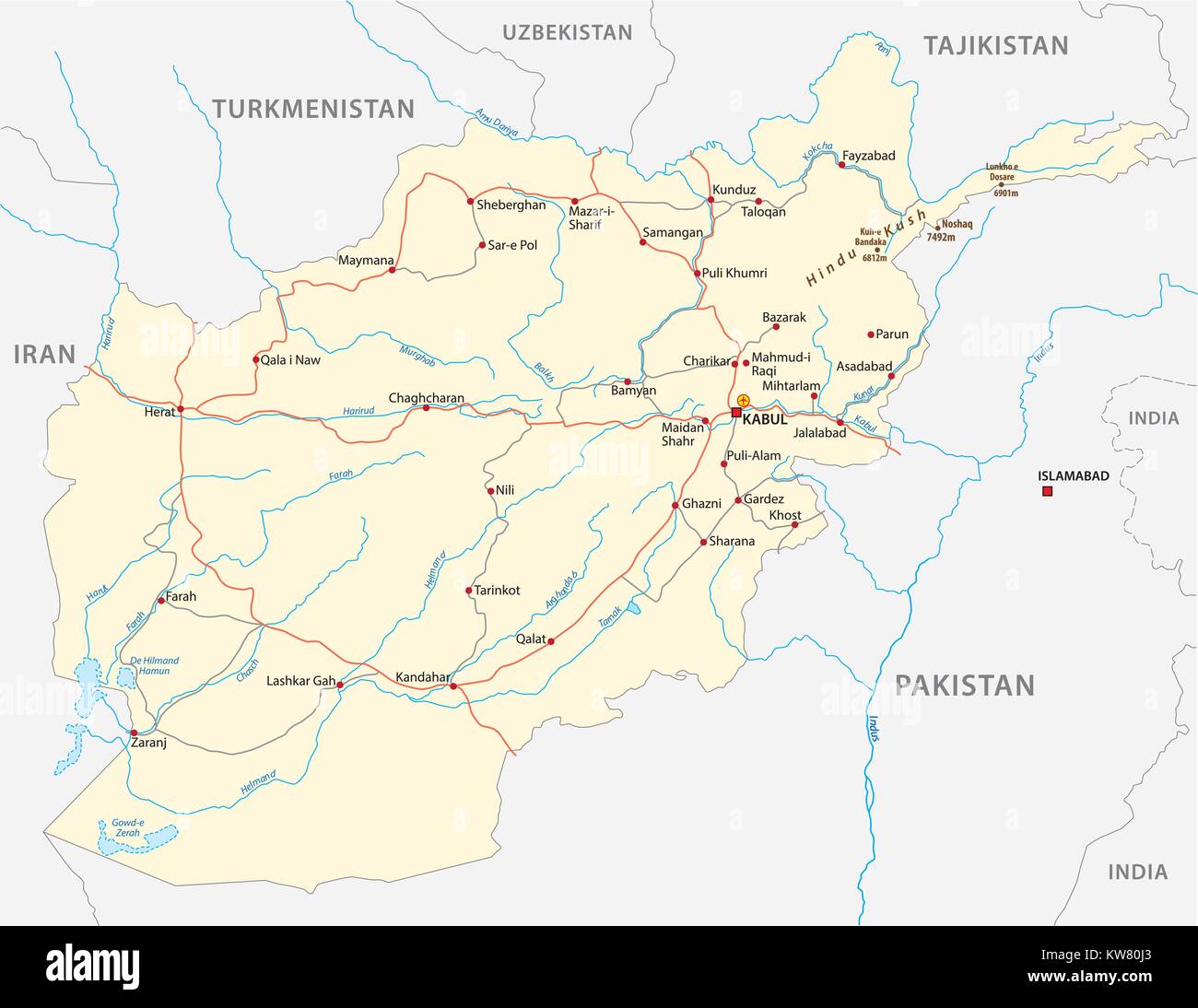 Afghanistan vector carte routière avec des villes importantes Illustration de Vecteur