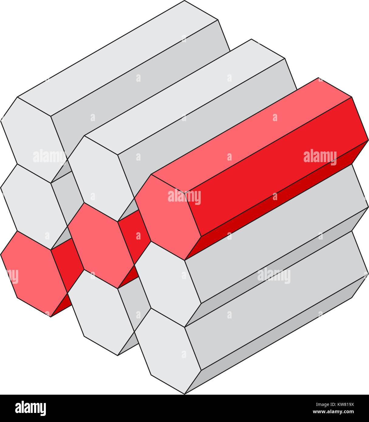 Vue isométrique de formes géométriques. Cylindres hexagonaux empilés dans un bloc Illustration de Vecteur