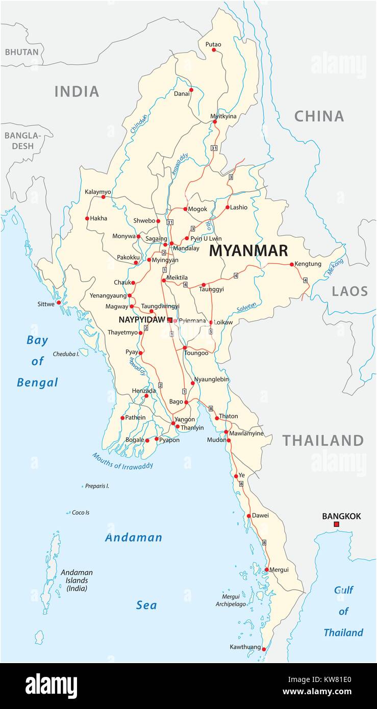 Vecteur Myanmar carte routière avec des villes importantes Illustration de Vecteur