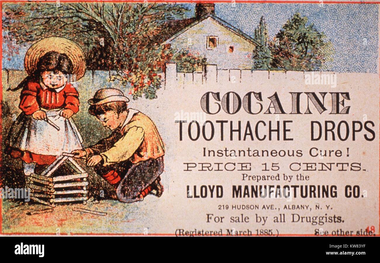 Publicité pour la cocaïne de dents tombe, montrant deux enfants jouer dehors, 1890. La permission de la National Library of Medicine. Banque D'Images