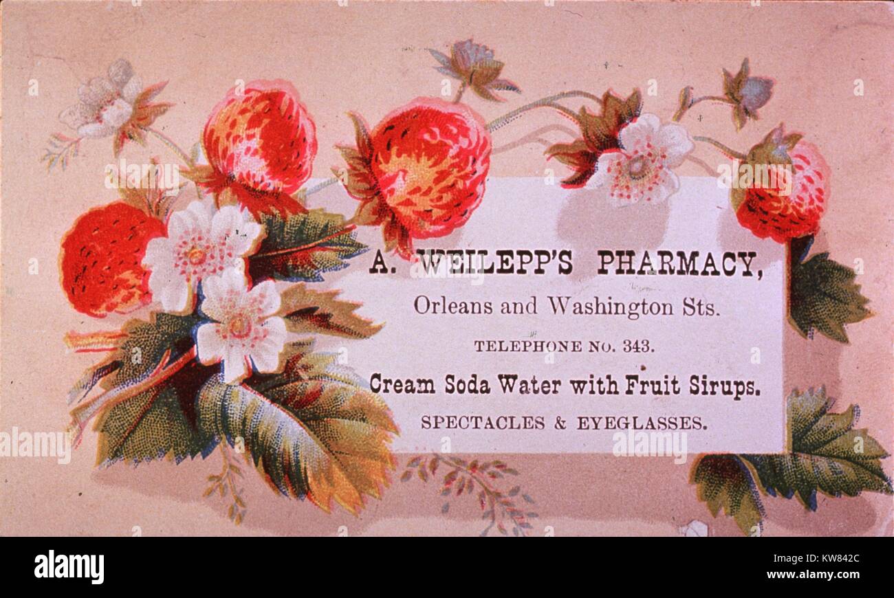 Publicité pour A. Weilepp's Pharmacy, montrant une vigne de fraises avec des fruits et des fleurs, 1885. La permission de la National Library of Medicine. Banque D'Images
