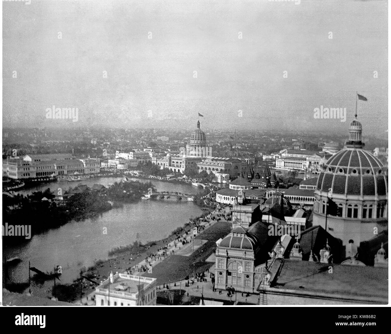 Vue aérienne de la Foire mondiale de Chicago Columbian Exposition lagon. Cette exposition internationale a eu lieu à Chicago, Illinois, du 1 mai au 30 octobre 1893. À partir de l'image caméra original négatif nitrate. Banque D'Images