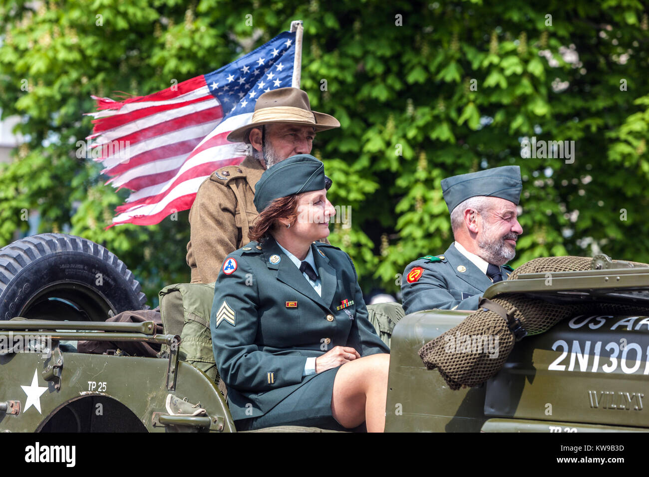 Célébrations de la ville libérée, ville tchèque de Plzen, soldats américains de la seconde guerre mondiale de la République tchèque de Pilsen Banque D'Images