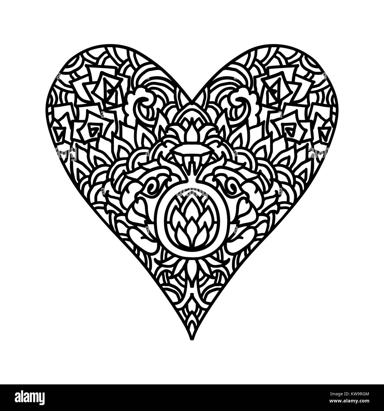 Handdrawn zentangle coeur. Design style Mandala de Saint-Jean La Saint-Valentin cartes. Modèle de livre de coloriage. Vector illustration doodle en noir et blanc. Illustration de Vecteur