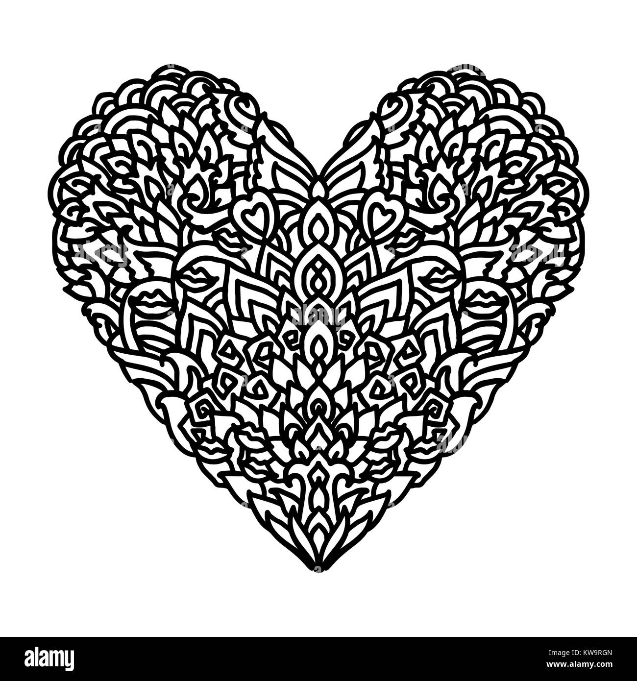 Handdrawn zentangle coeur. Design style Mandala de Saint-Jean La Saint-Valentin cartes. Modèle de livre de coloriage. Vector illustration doodle en noir et blanc. Illustration de Vecteur