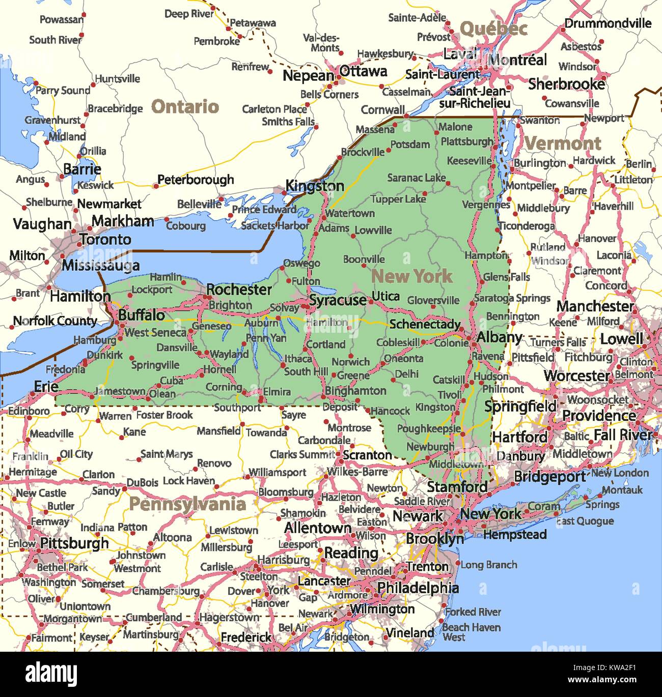 Plan de New York. Montre frontières du pays, les zones urbaines, les noms de lieux, routes et autoroutes.  : Projection Mercator. Illustration de Vecteur