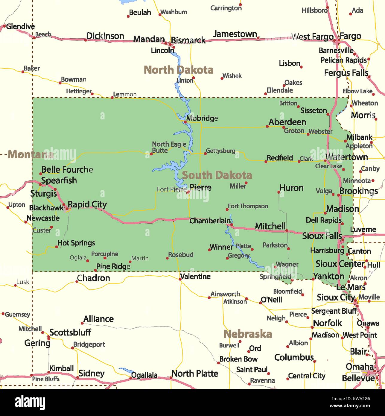 Site du Dakota du Sud. Montre frontières du pays, les zones urbaines, les noms de lieux, routes et autoroutes.  : Projection Mercator. Illustration de Vecteur Site du Dakota du Sud. Montre frontières du pays, les zones urbaines, les noms de lieux, routes et autoroutes.  : Projection Mercator. Illustration de Vecteur