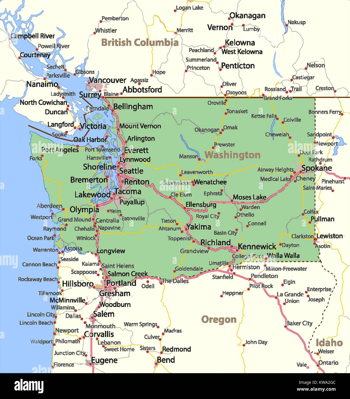 Plan de Washington. Montre frontières du pays, les zones urbaines, les noms de lieux, routes et autoroutes.  : Projection Mercator. Illustration de Vecteur