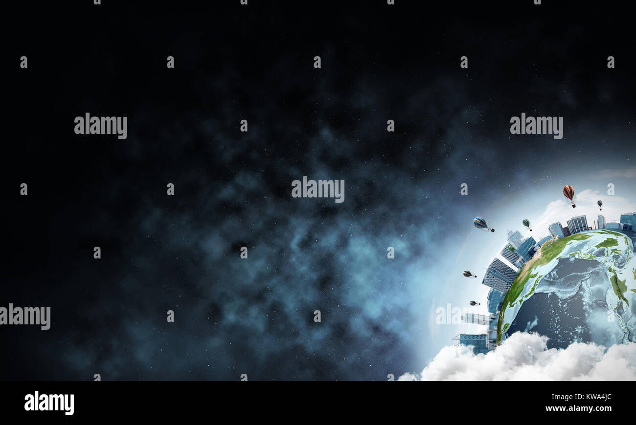 Image abstraite de l'espace avis à la planète Terre dans les nuages avec les bâtiments et les aérostats. L'espace sombre brume d'arrière-plan. Les éléments de cette image sont fournir Banque D'Images