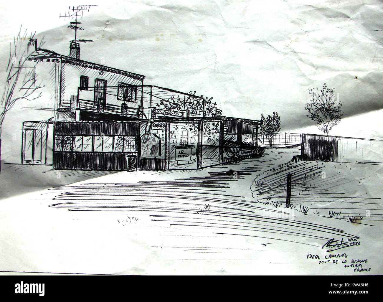 Une vue de 'Ideal Camping Pont de la Brague" Camping, Antibes, Farnce comme c'était en 1983- Copyright free & effacé - veuillez mentionner 'sketch par Colin Eaux' Banque D'Images