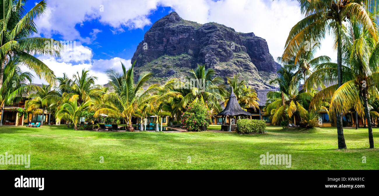 Nature incroyable à l'île Maurice,voir avec luxury resort et traditionnel palmier,Le Morne. Banque D'Images