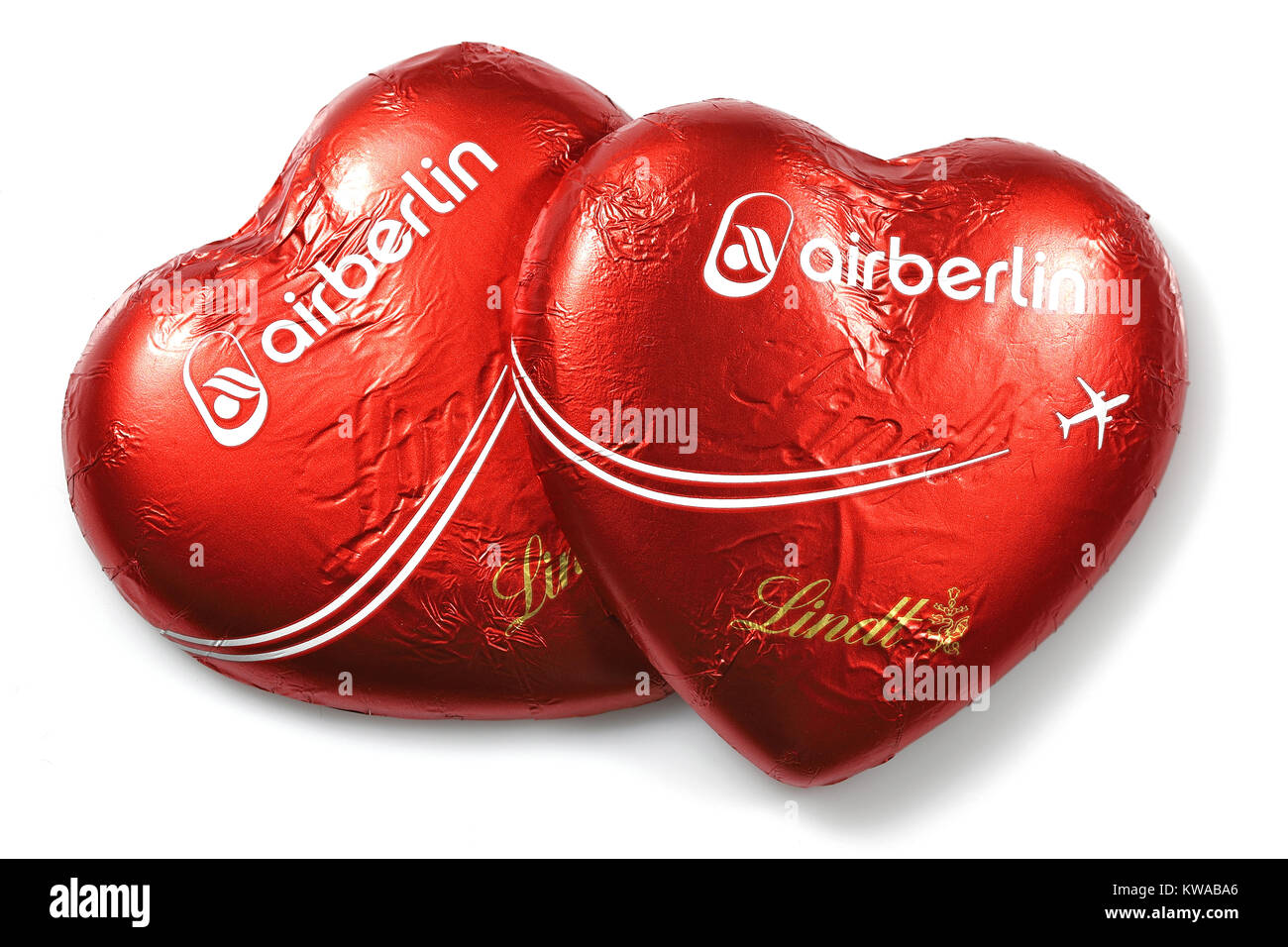 Air Berlin, coeur chocolat cadeau caractéristique de l'ancienne deuxième plus grande compagnie aérienne allemande, qui a cessé ses opérations le 27 octobre 2017. Banque D'Images