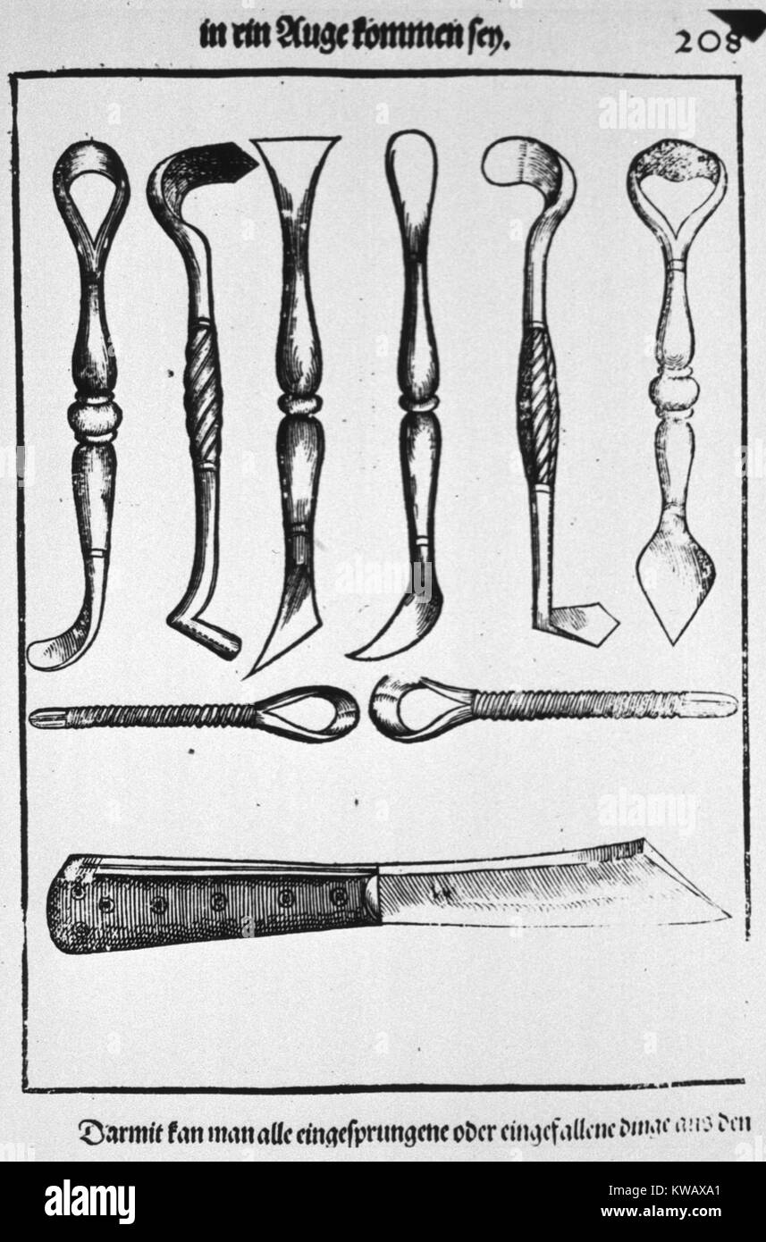 L'illustration de livres d'outils utilisés pour couper et gratter au cours de la chirurgie oculaire, 1583. La permission de la National Library of Medicine. Banque D'Images