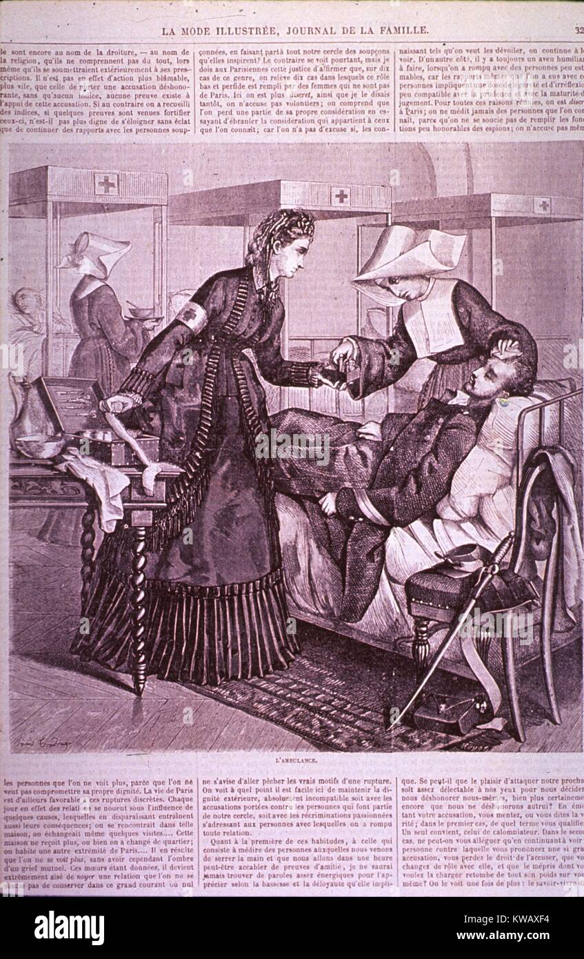 La gravure sur bois montrant les femmes ayant tendance aux patients dans un hôpital de la Croix-Rouge pendant la guerre franco-allemande, France, 1870. La permission de la National Library of Medicine. Banque D'Images