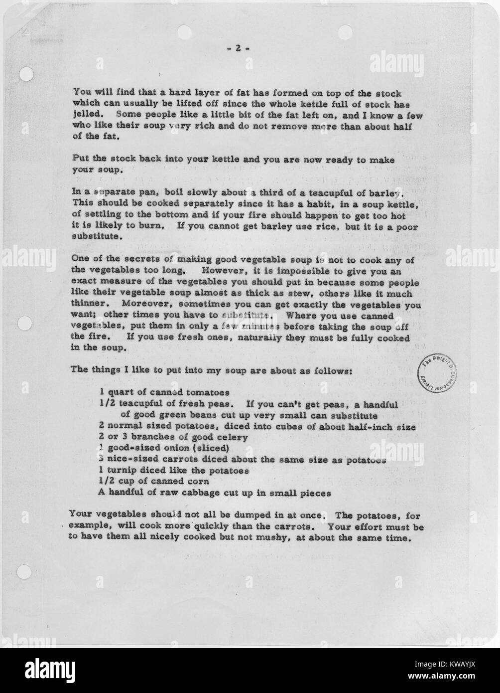 Le président Eisenhower's recette de soupe de légumes tel que publié dans la sentinelle Marion, 1953. Banque D'Images