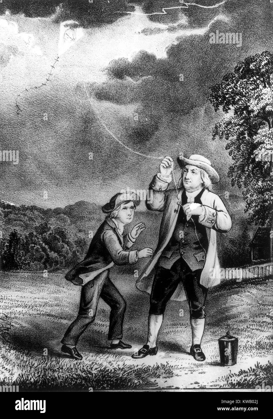 Benjamin Franklin sitting orage comme une expérience dans l'électricité et la foudre, United States, 1752. () Banque D'Images
