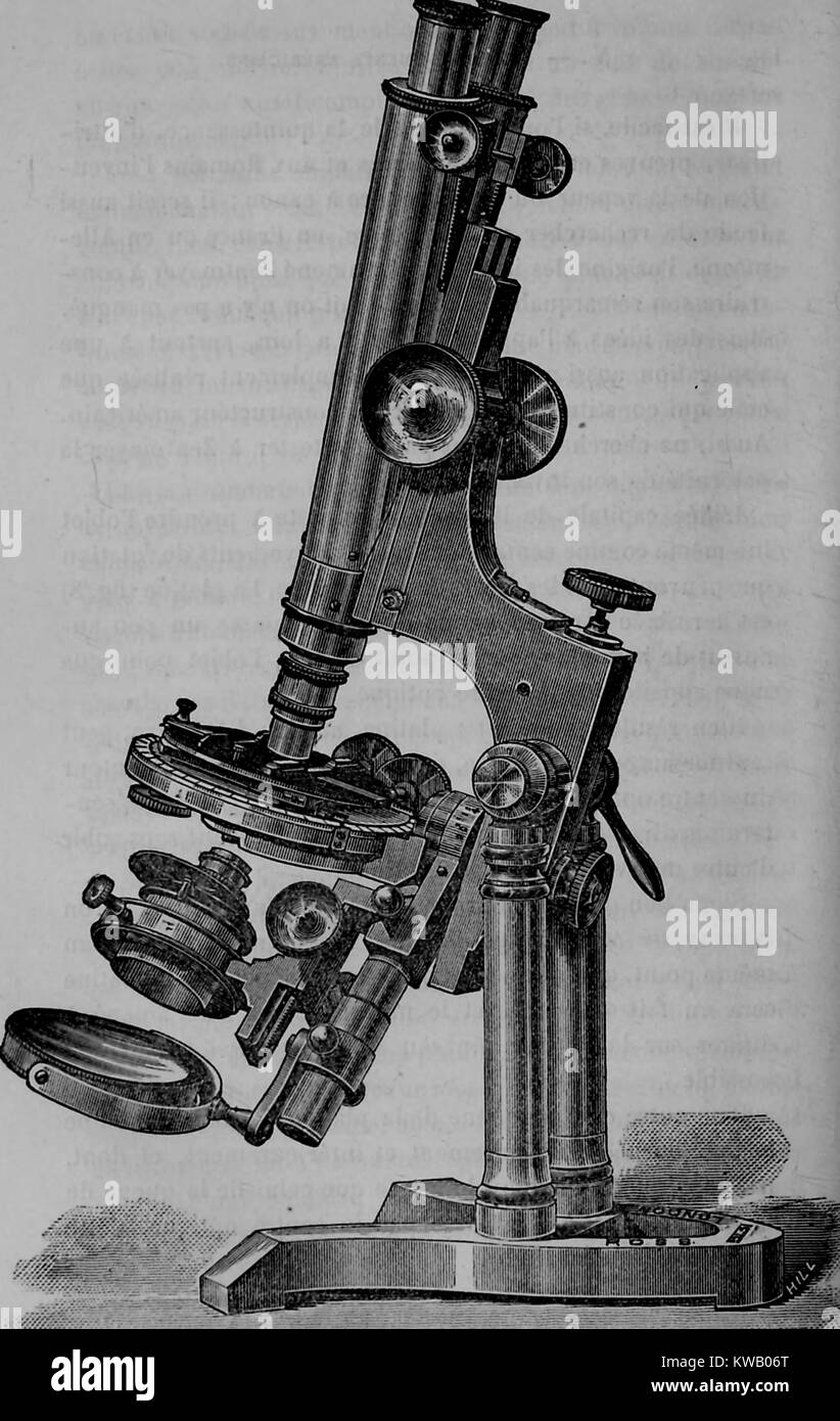Image gravée d'un microscope, montrant différentes lentilles et miroirs, 1883. Avec la permission de Internet Archive. Banque D'Images