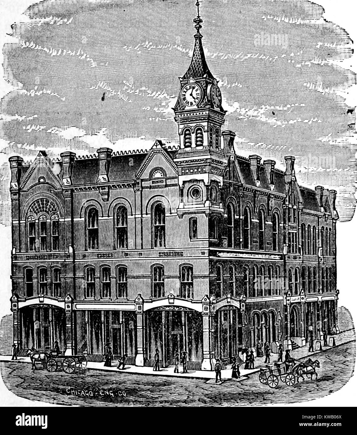 Illustration du temple maçonnique, bâtiment construit dans le style Second Empire, sur l'Avenue Phillips à Sioux Falls, Dakota du Sud, l'Alaska, 1886. Avec la permission de Internet Archive. Banque D'Images