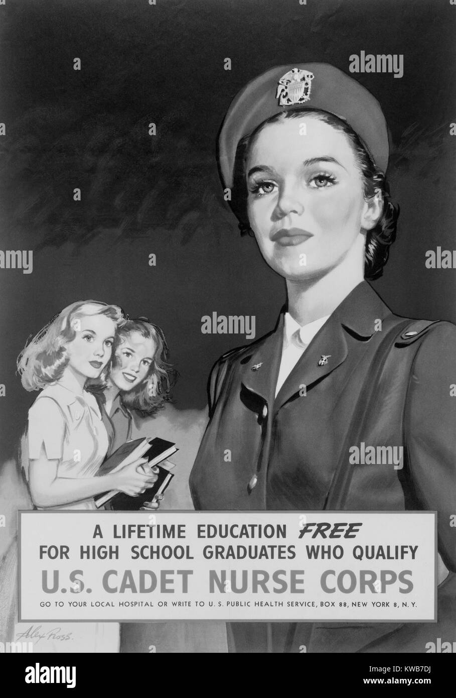 Affiche du recrutement des cadets de l'Américain, infirmière et deux jeunes filles du secondaire à admirer sa. Il propose un enseignement 'vie gratuit pour les diplômés du secondaire qui sont admissibles.' 1945. La Seconde Guerre mondiale 2. (BSLOC   2014 10 193) Banque D'Images