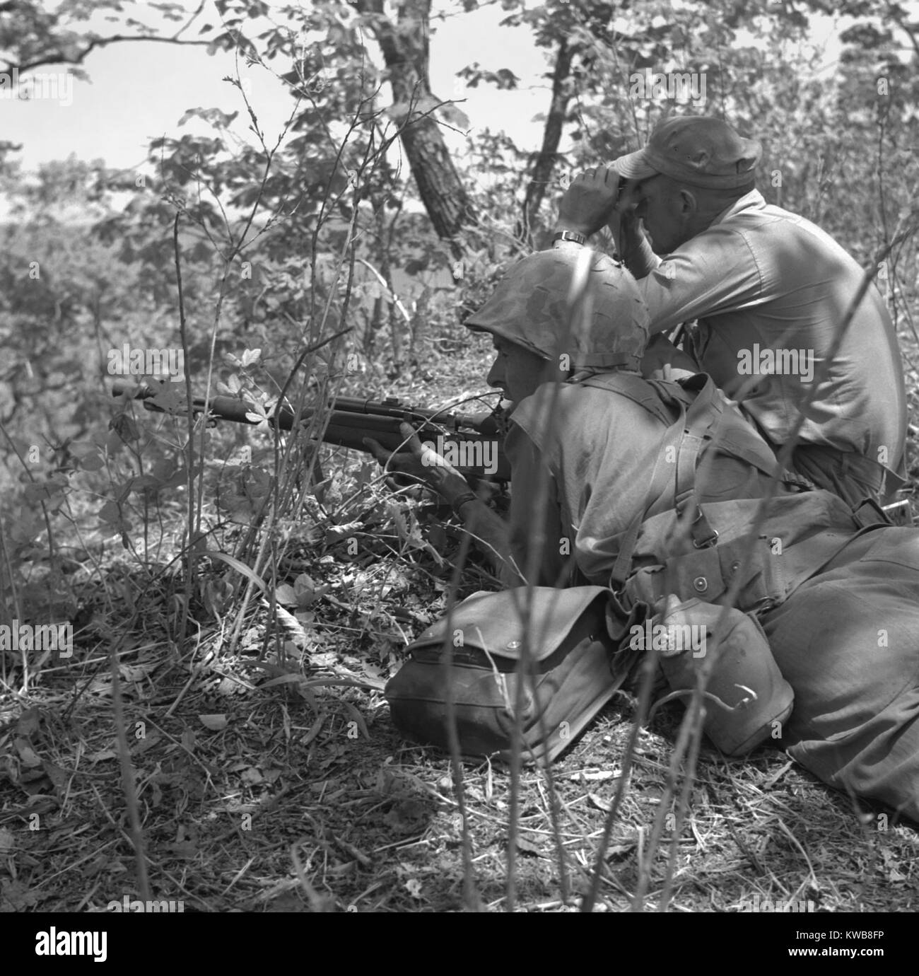 U.S. Marine sniper et spotter travailler ensemble à prendre l'ennemi en Corée. Guerre de Corée, 1950-1953. Date exacte/emplacement inconnu. (BSLOC   2014 11 128) Banque D'Images