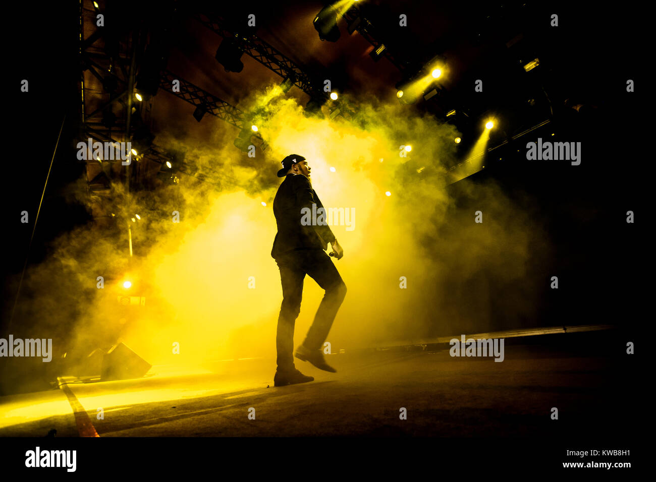 Le projet de musique électronique Major Lazer est constitué des trois musiciens, chanteurs et producteurs de musique Diplo, Jillionaire et Walshy Fire (photo) qui ici effectue un concert live énergique au Danish music festival Roskilde Festival 2014. Le Danemark, 06/07 2014. Banque D'Images