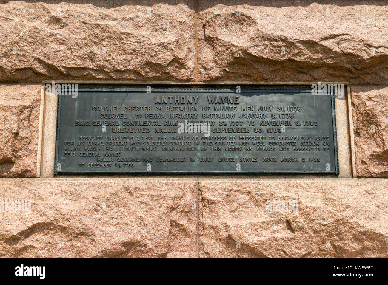 Plaque sur le Monument Général Anthony Wayne, Valley Forge National Historical Park, Valley Forge, Pennsylvania, United States. Banque D'Images
