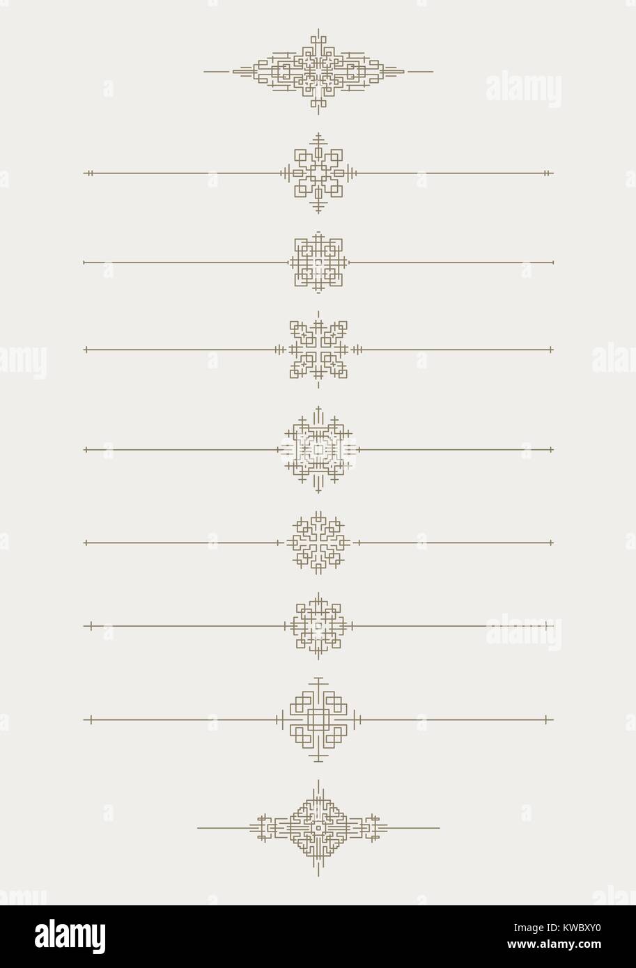 Ensemble de 7 vecteurs de décoration style ligne mono diviseurs texte avec paire de bonus en éléments décoratifs. Illustration de Vecteur