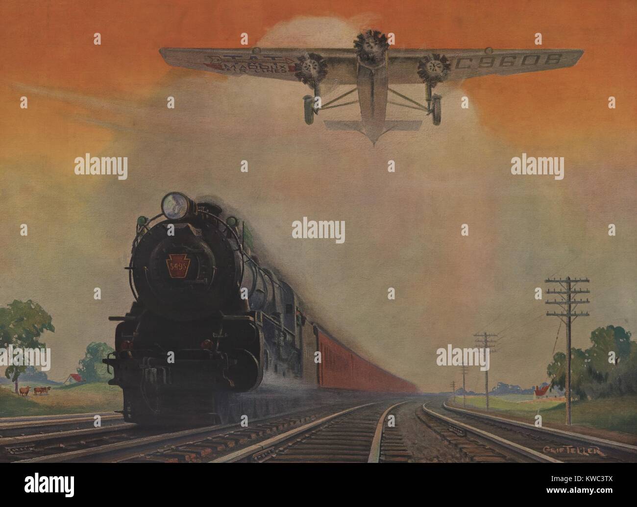 Locomotive à vapeur et Ford Tri-Motor par accélération de l'avion en paysage rural. Pour l'affiche de la Pennsylvania Railroad avec peinture de Grif Teller. 1931. (BSLOC   2015 14 192) Banque D'Images