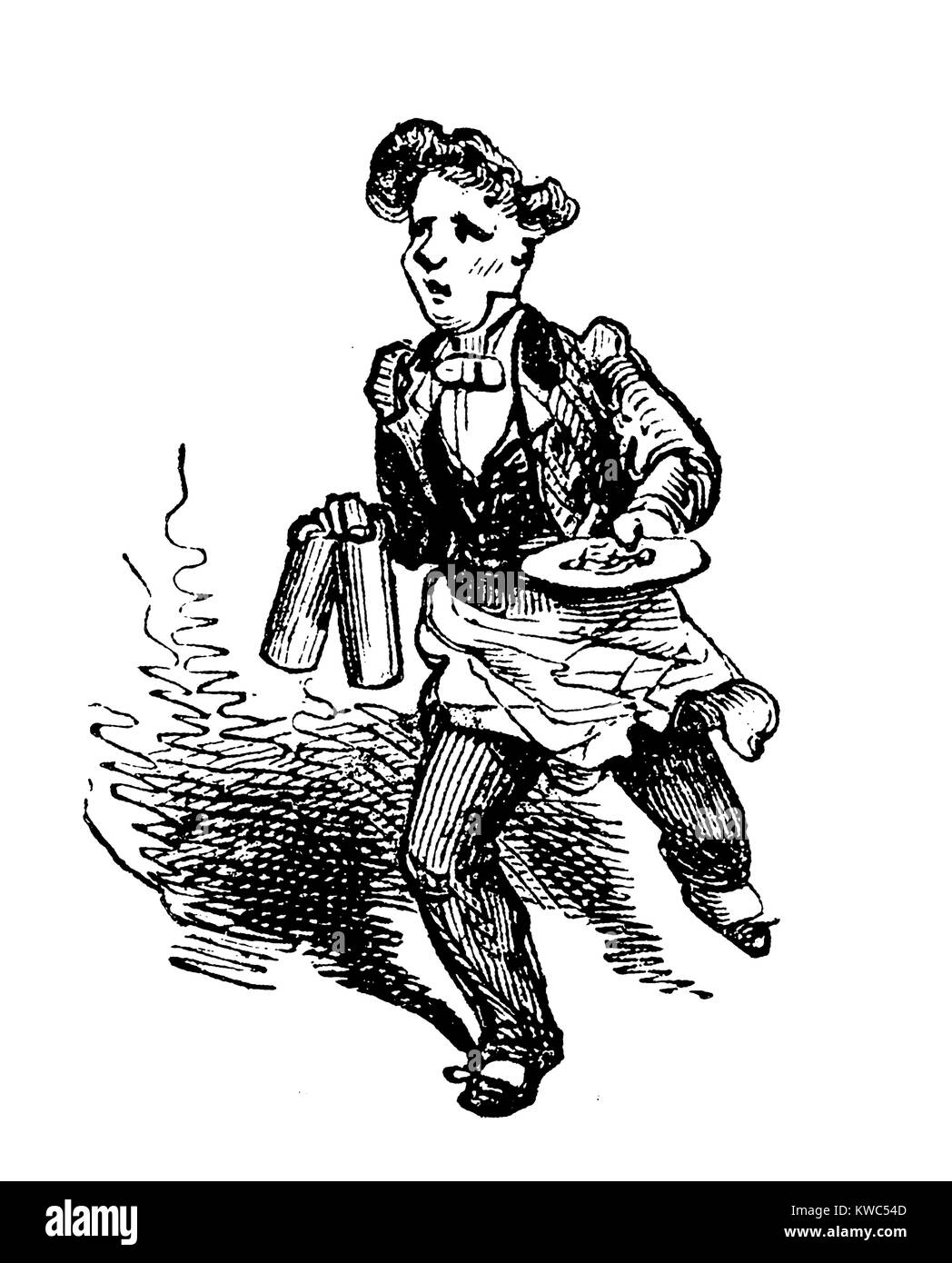 Vintage caricature de garçon courir avec deux tasses et une assiette Banque D'Images