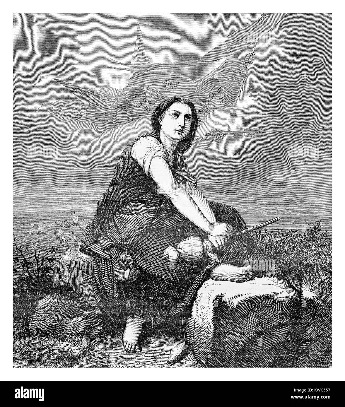 'La Pucelle d'orléans', gravure d'époque : Portrait de Jeanne d'Arc héroïne de France comme recevant des Saints vision paysanne Banque D'Images