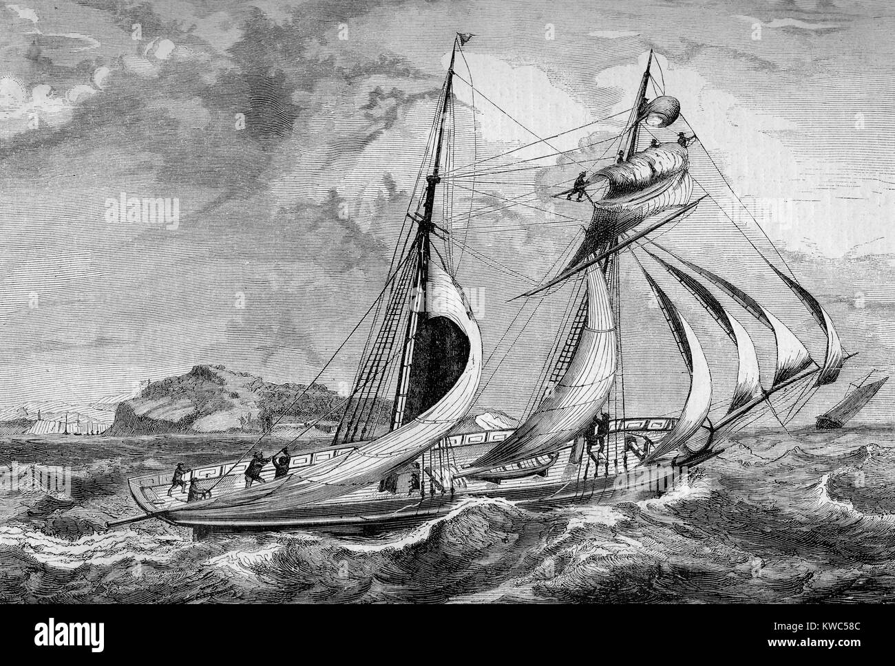 Gravure d'époque,à deux-mâts de navires à voile avec un temps orageux Banque D'Images