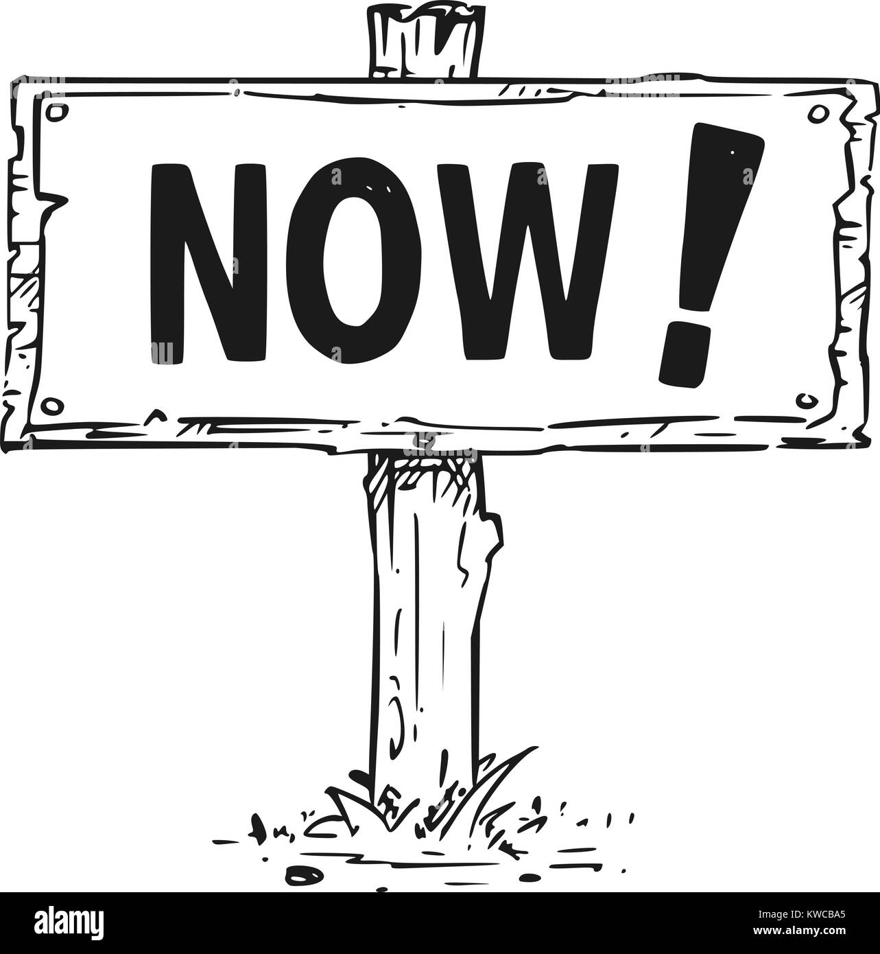 Dessin vectoriel de panneau en bois avec conseil d'exclamation et d'affaires texte maintenant. Illustration de Vecteur