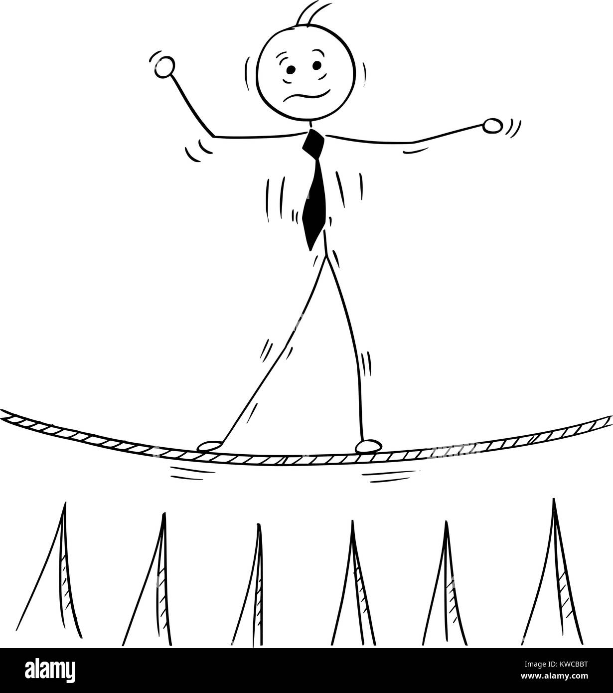 Cartoon stick man dessin illustration conceptuelle de business man balancing marche sur corde corde raide au-dessus des pieux. Illustration de Vecteur